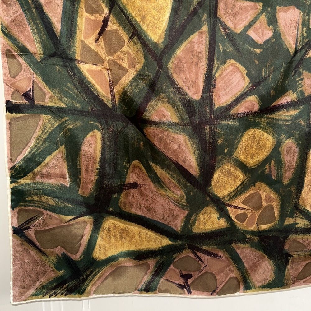 Vintage 60s Auteuil Fabrics Inc abstract art‎ green, brown & pink acetate scarf - Picture 5 of 8